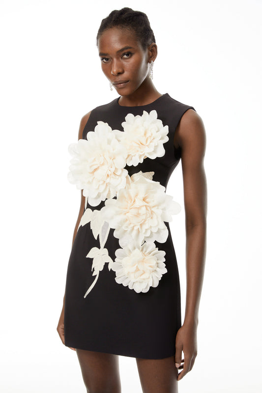 Toril Siyah Bloklu 3D Petal Mini Elbise