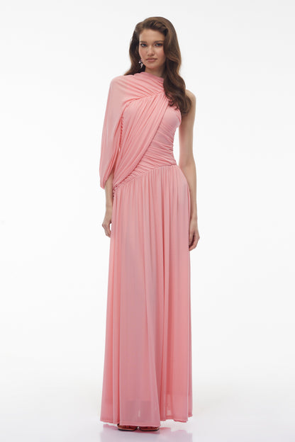 Uliana Pink One Shoulder Ruched Maxi Dress