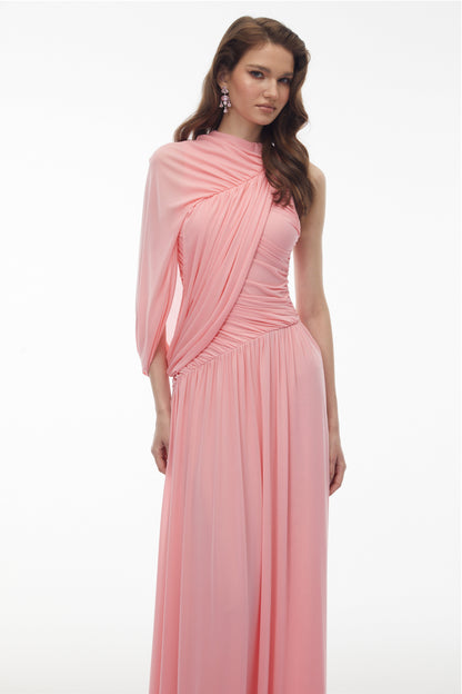Uliana Pink One Shoulder Ruched Maxi Dress