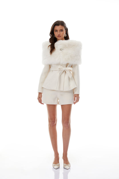 Unndís White Fur Shawl & Woolen Jacket & Shorts Set