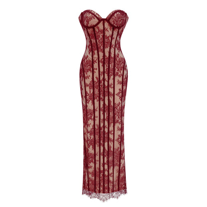 Urszula Red Floral Lace Corset Maxi Dress
