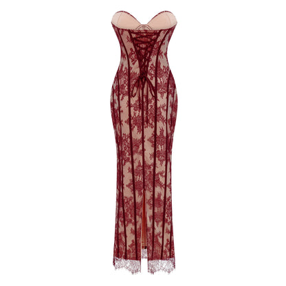 Urszula Red Floral Lace Corset Maxi Dress