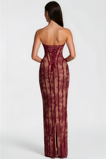 Urszula Red Floral Lace Corset Maxi Dress