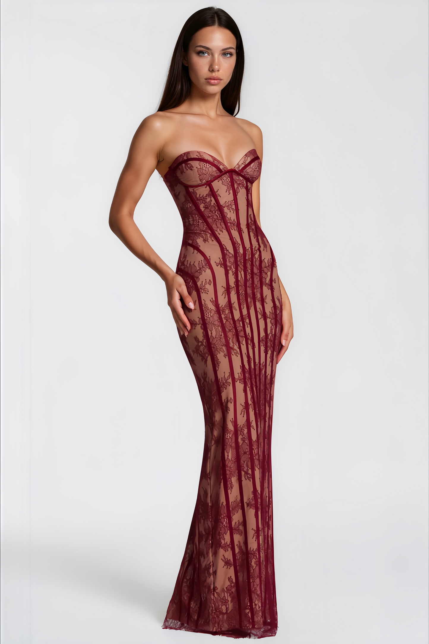 Urszula Red Floral Lace Corset Maxi Dress
