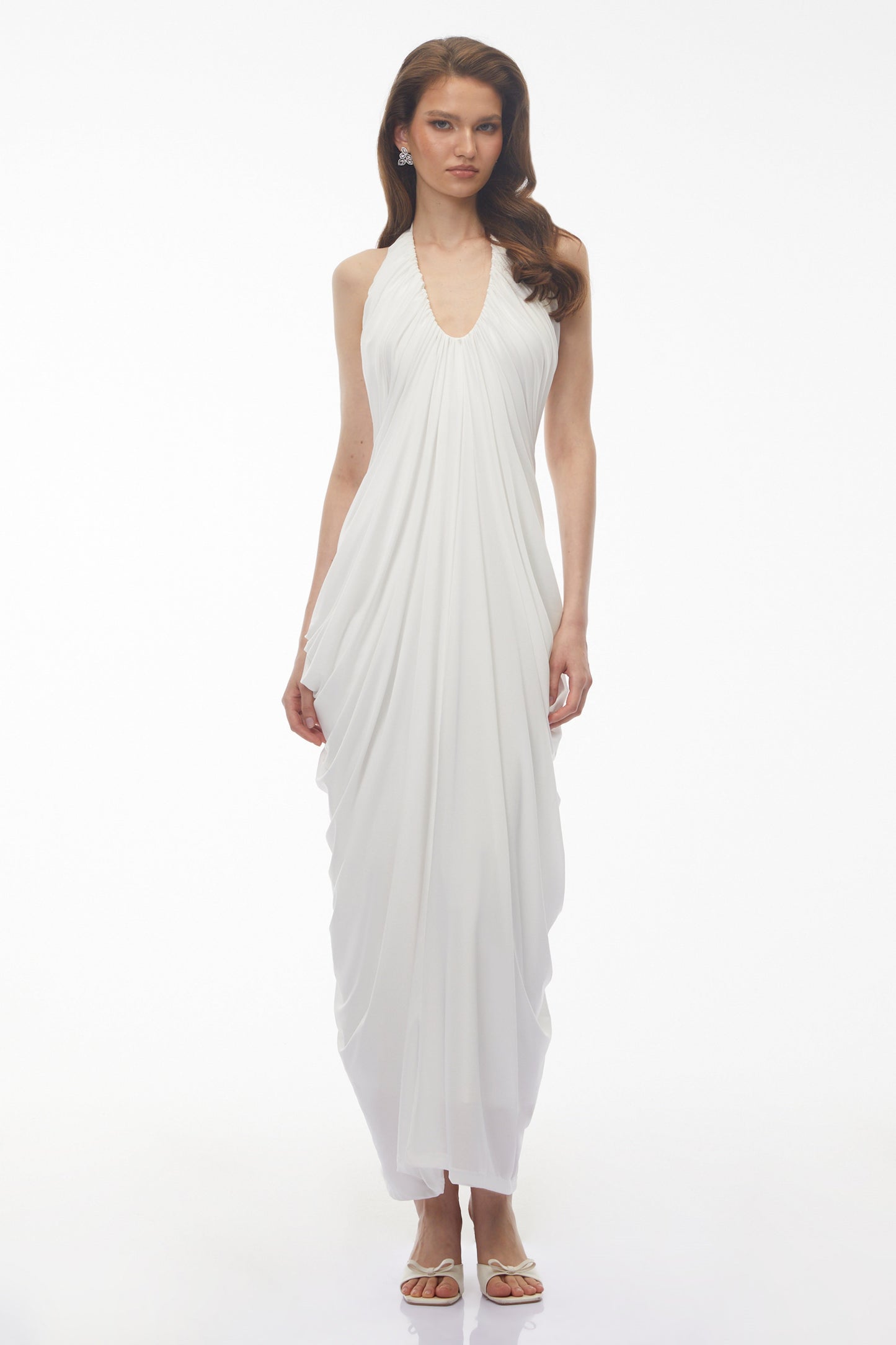 Ushas White Halterneck Draped Maxi Dress