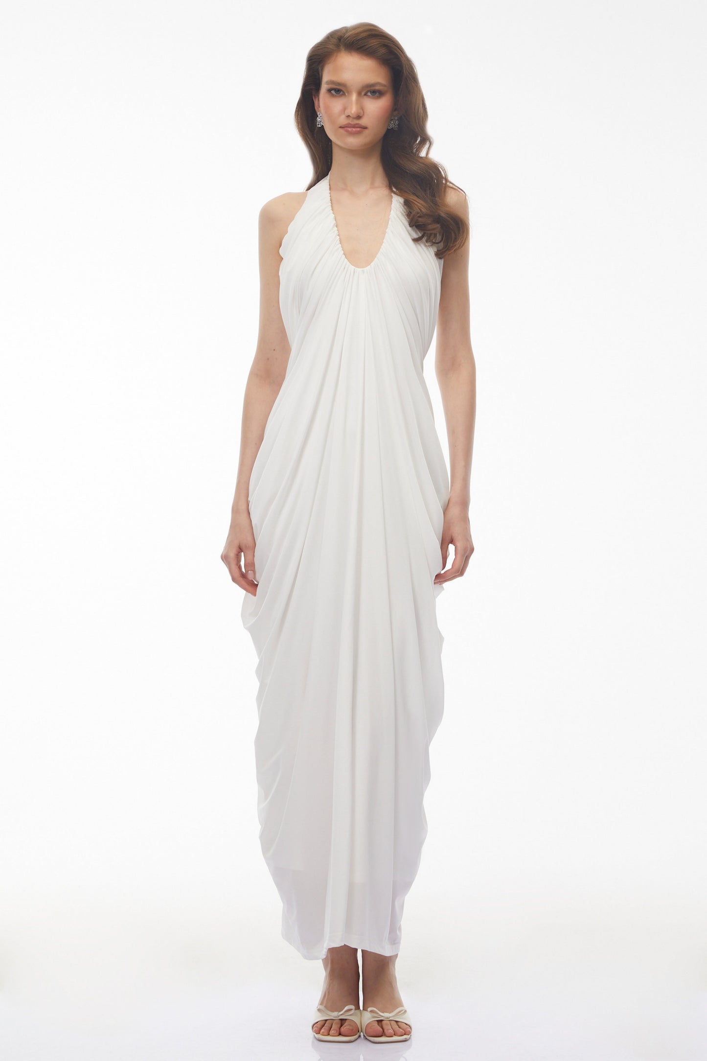 Ushas White Halterneck Draped Maxi Dress