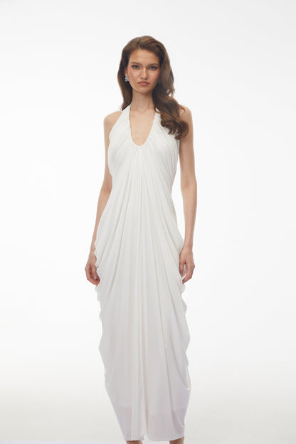Ushas White Halterneck Draped Maxi Dress