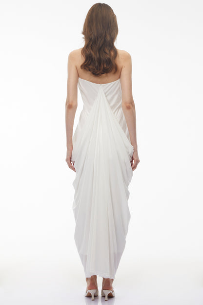 Ushas White Halterneck Draped Maxi Dress