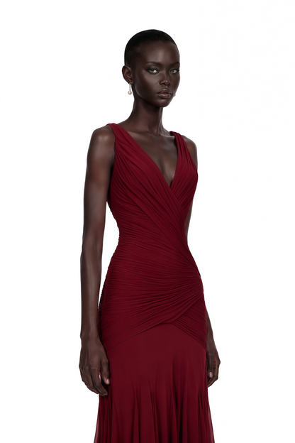 Valentina Burgundy V-Neck Ruched Maxi Dress