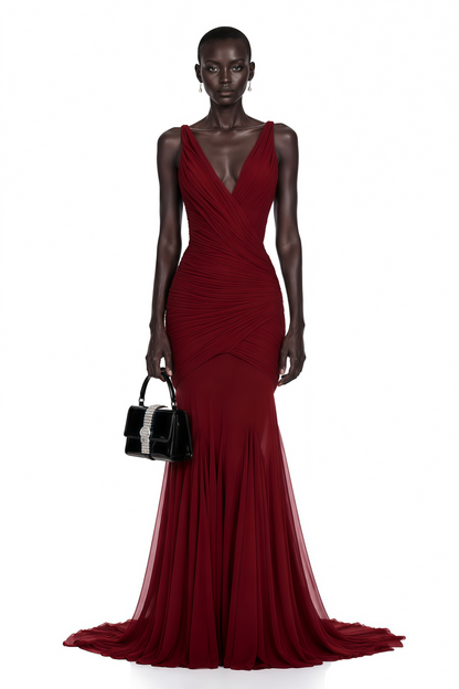 Valentina Burgundy V-Neck Ruched Maxi Dress