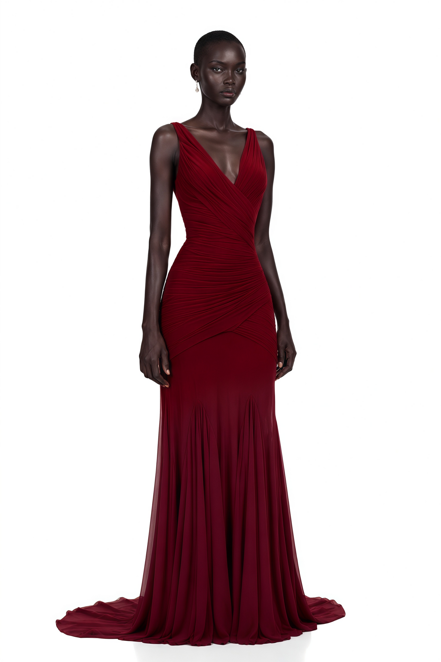 Valentina Burgundy V-Neck Ruched Maxi Dress