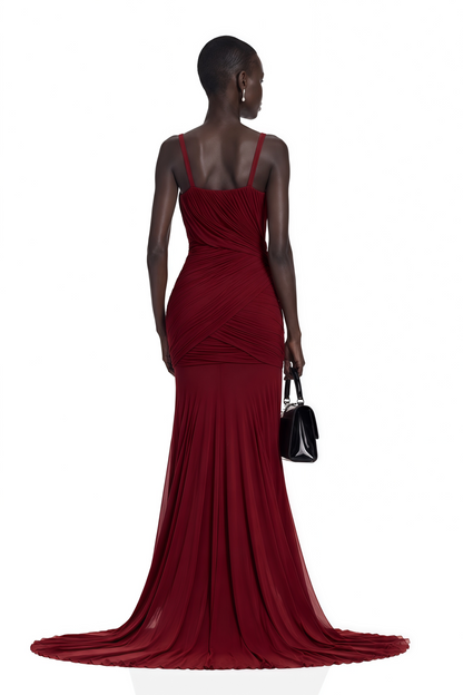 Valentina Burgundy V-Neck Ruched Maxi Dress