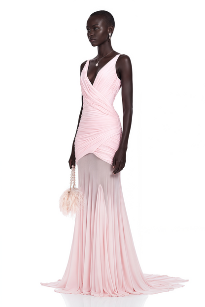 Valentina Pembe V Yaka Dantelli Maxi Elbise