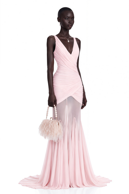 Valentina Pembe V Yaka Dantelli Maxi Elbise