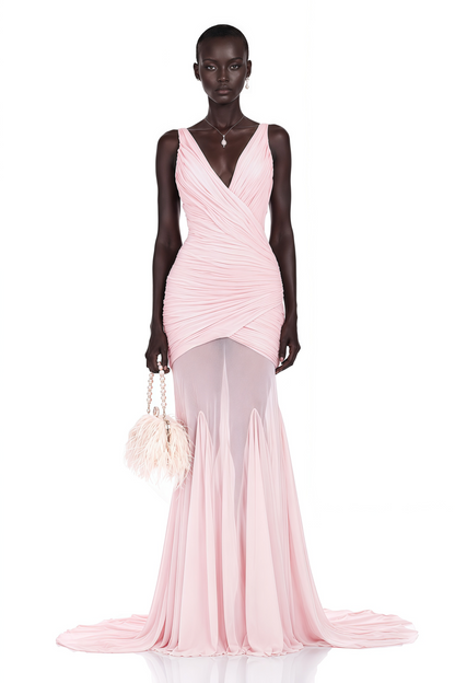 Valentina Pembe V Yaka Dantelli Maxi Elbise