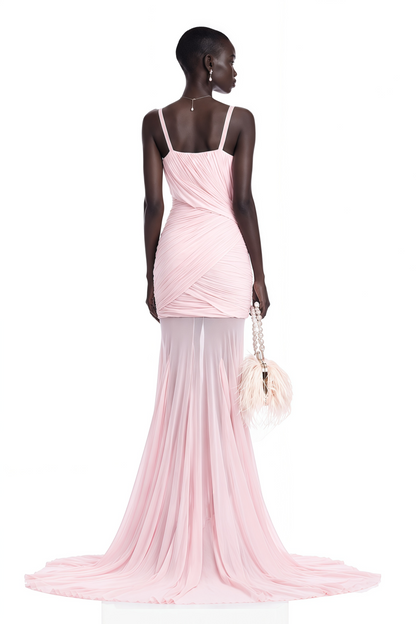 Valentina Pembe V Yaka Dantelli Maxi Elbise