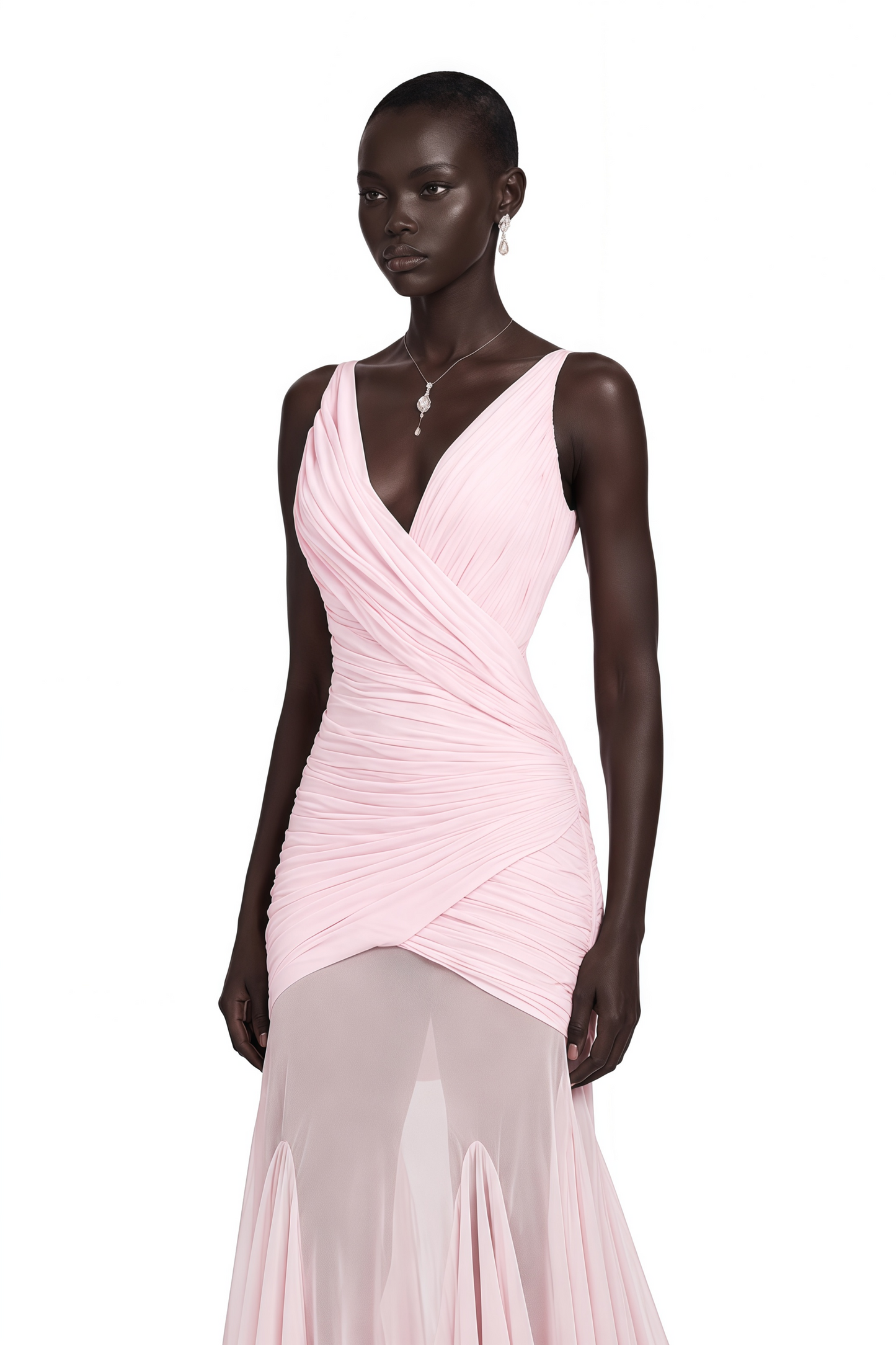 Valentina Pembe V Yaka Dantelli Maxi Elbise