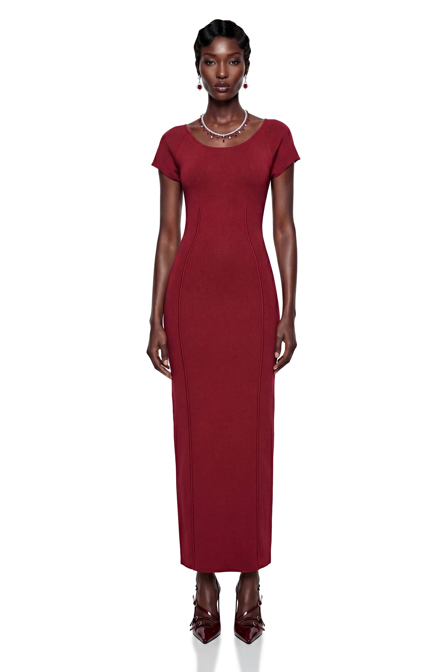 Valeria Red Knit Pencil Maxi Dress