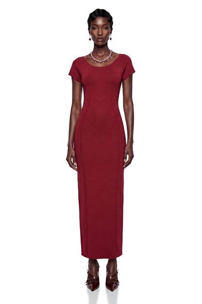 Valeria Red Knit Pencil Maxi Dress