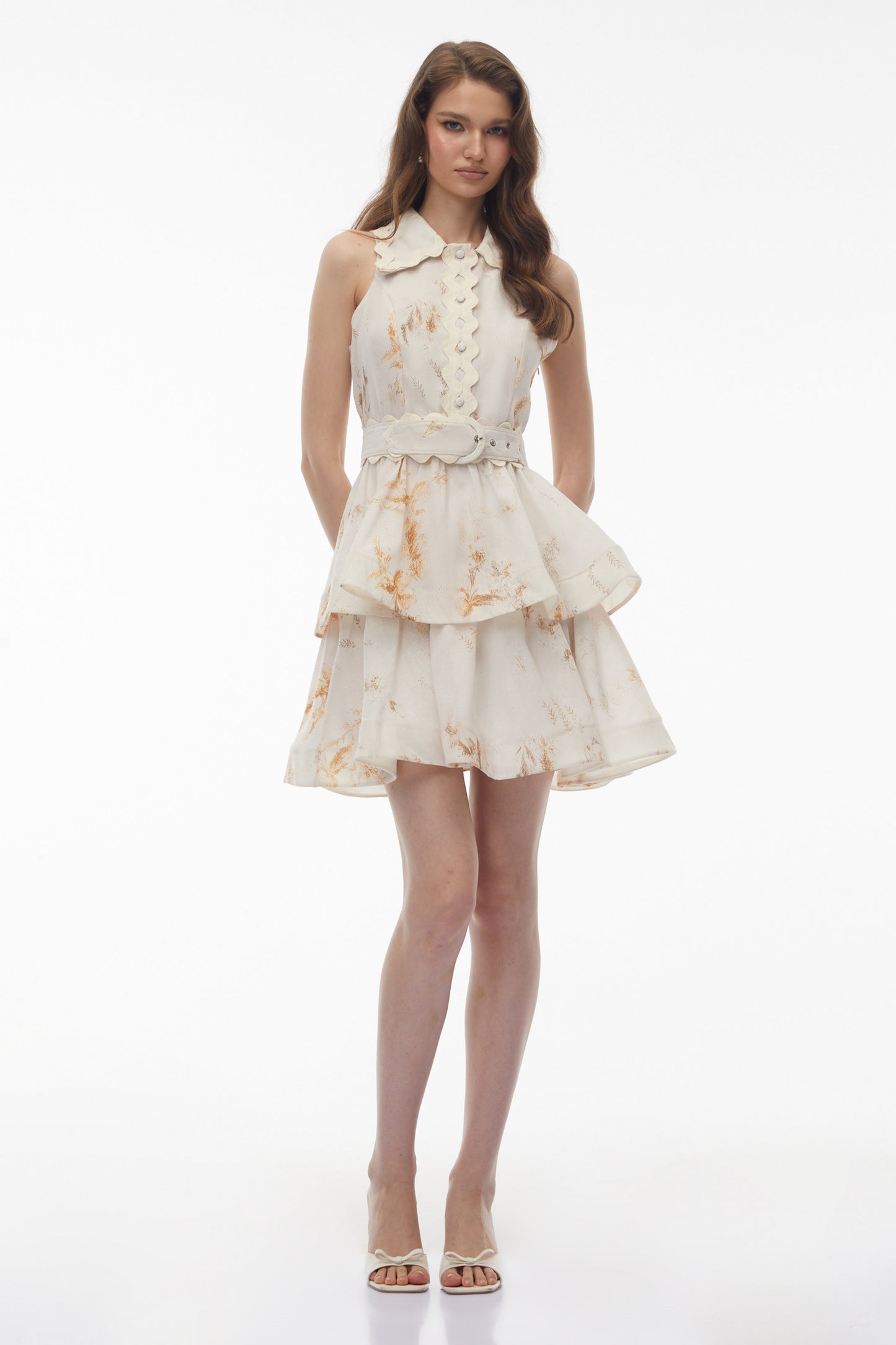 Vashti Neutral Tiered Ruffled Mini Dress
