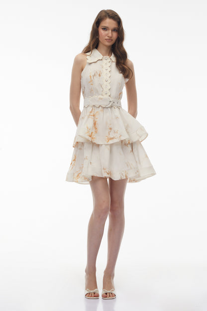 Vashti Neutral Tiered Ruffled Mini Dress