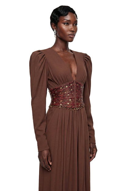 Vasilisa Brown Deep V-Neck Ruched Maxi Dress