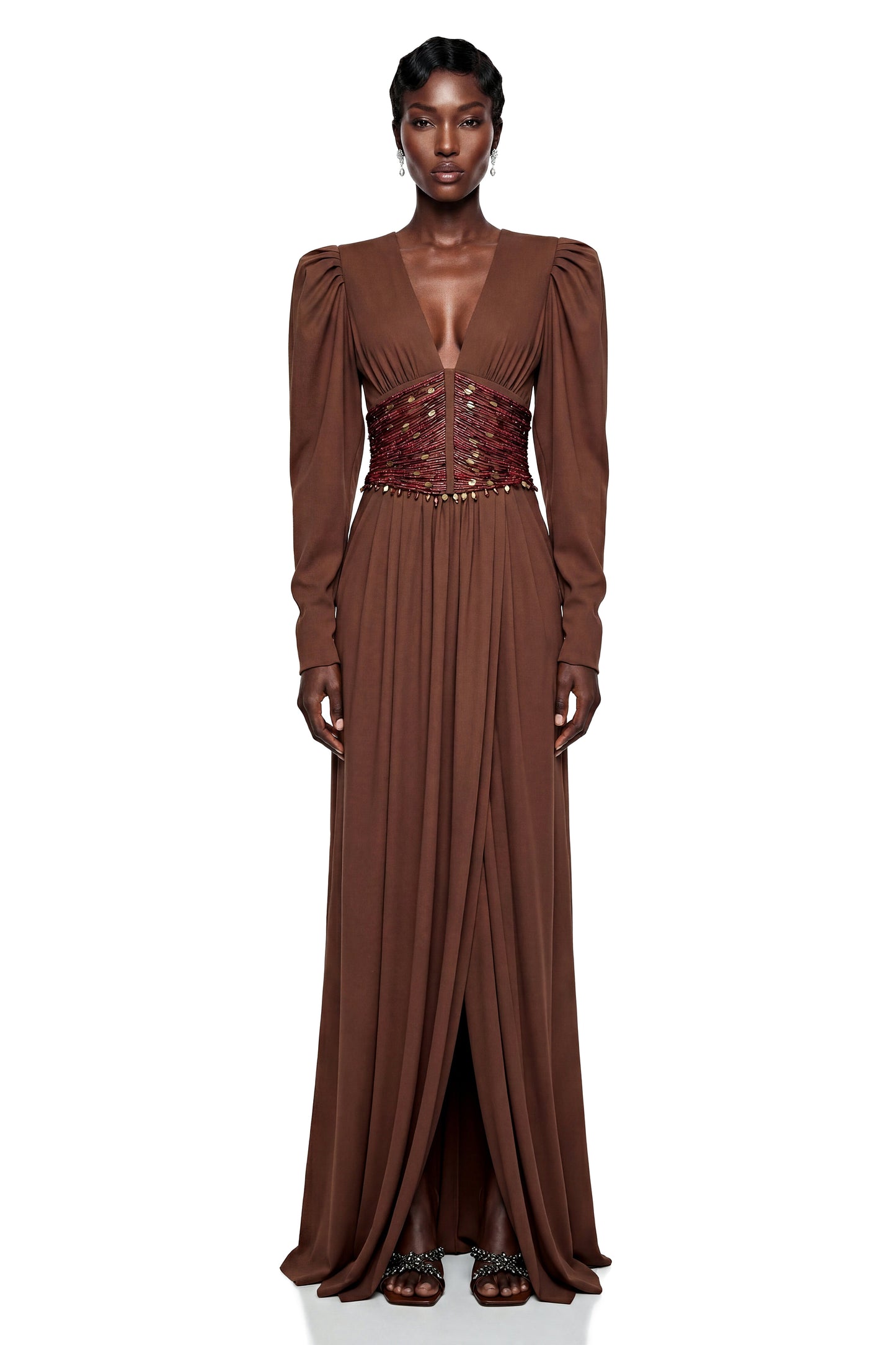 Vasilisa Brown Deep V-Neck Ruched Maxi Dress