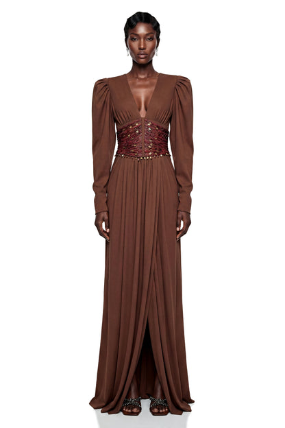 Vasilisa Brown Deep V-Neck Ruched Maxi Dress