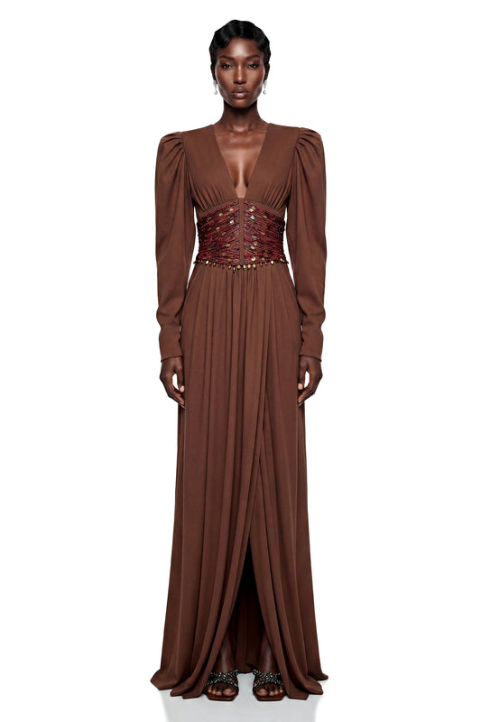 Vasilisa Brown Deep V-Neck Ruched Maxi Dress