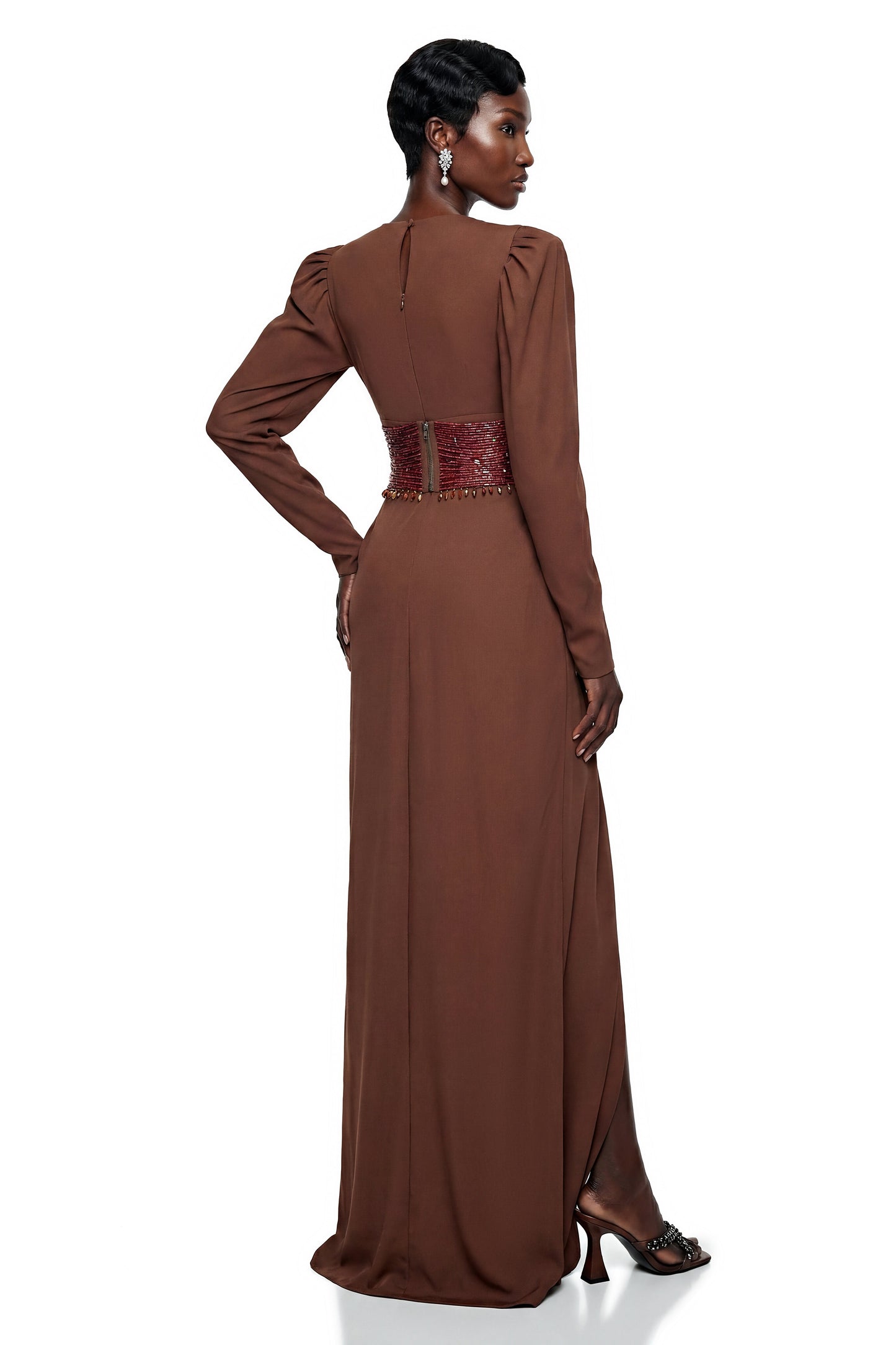 Vasilisa Brown Deep V-Neck Ruched Maxi Dress