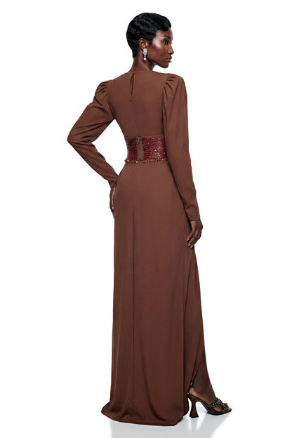 Vasilisa Brown Deep V-Neck Ruched Maxi Dress