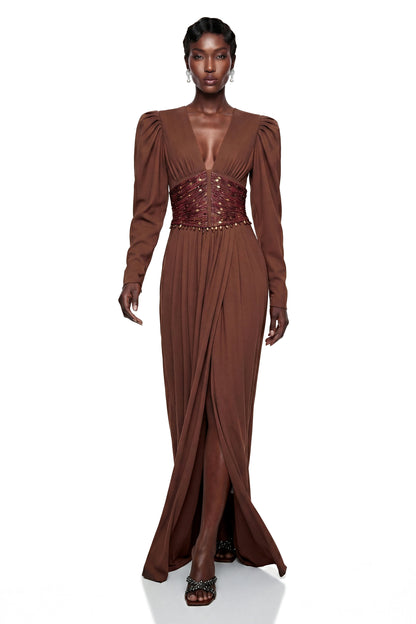 Vasilisa Brown Deep V-Neck Ruched Maxi Dress