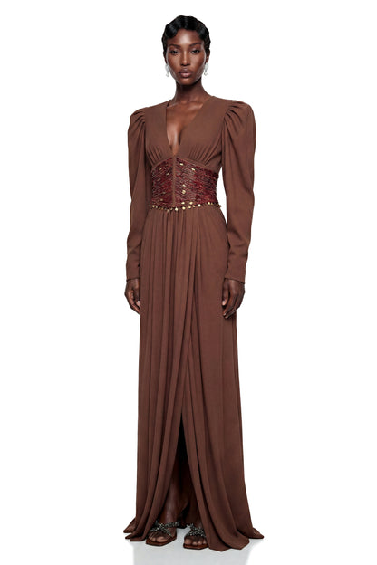 Vasilisa Brown Deep V-Neck Ruched Maxi Dress