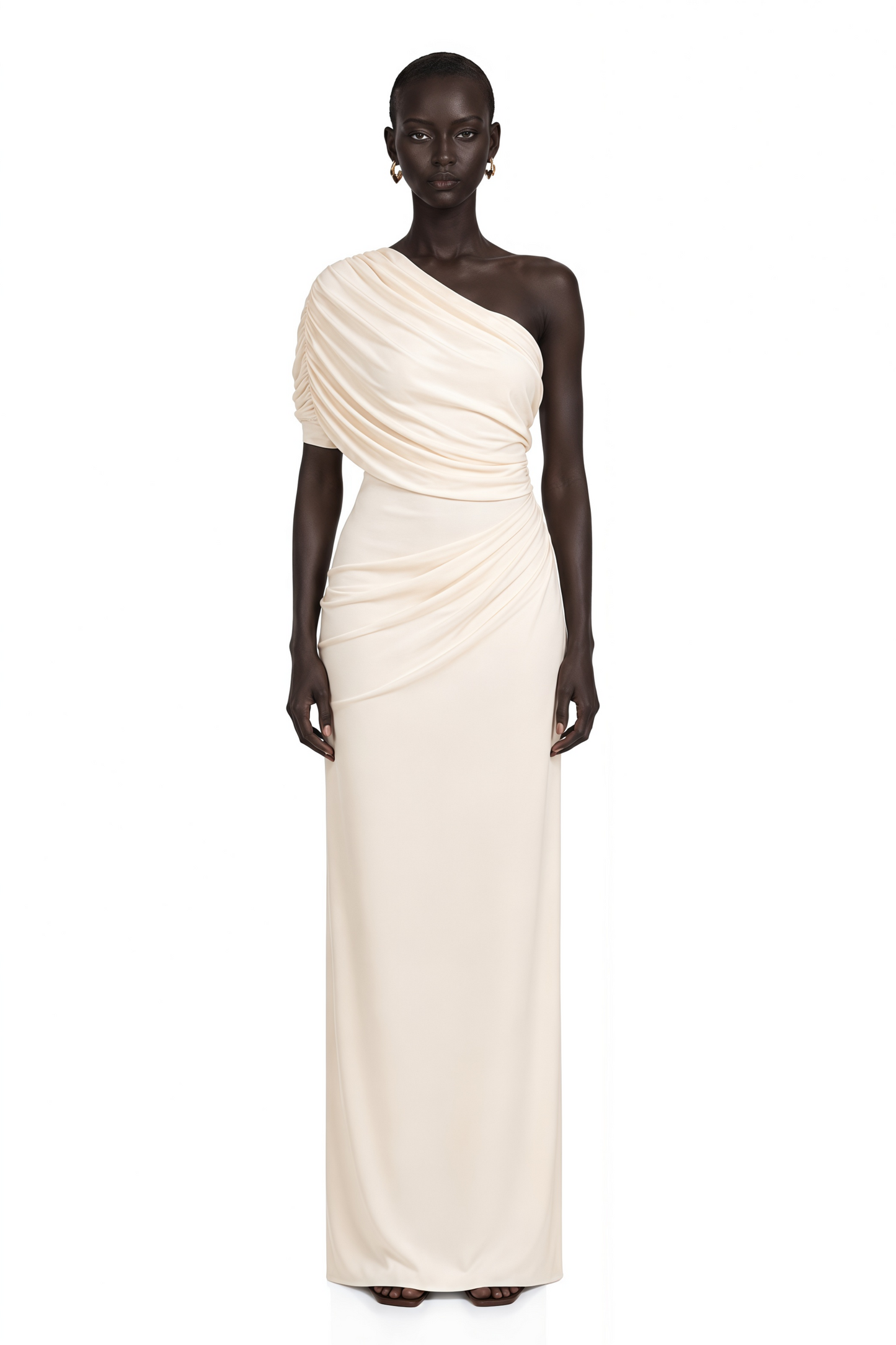 Vellamo Ivory One Shoulder Ruched Bodycon Maxi Dress