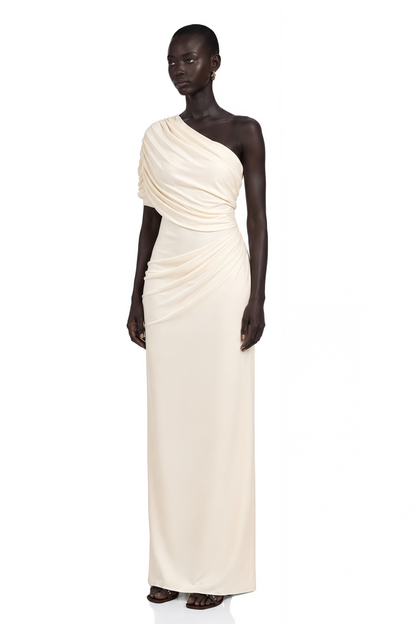 Vellamo Ivory One Shoulder Ruched Bodycon Maxi Dress