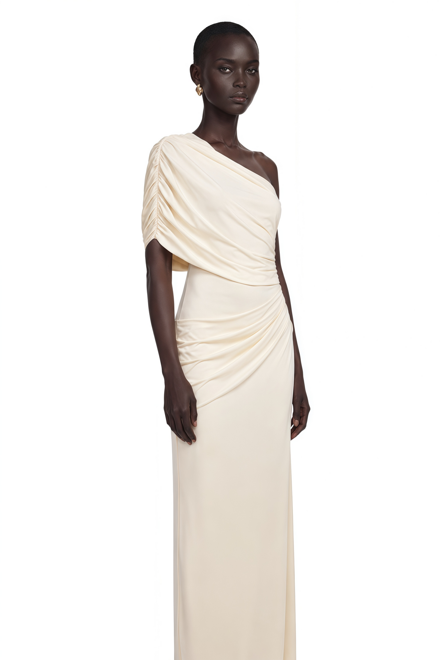 Vellamo Ivory One Shoulder Ruched Bodycon Maxi Dress