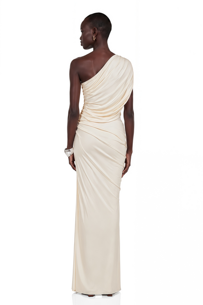 Vellamo Ivory One Shoulder Ruched Bodycon Maxi Dress