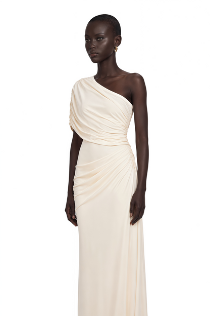 Vellamo Ivory One Shoulder Ruched Bodycon Maxi Dress