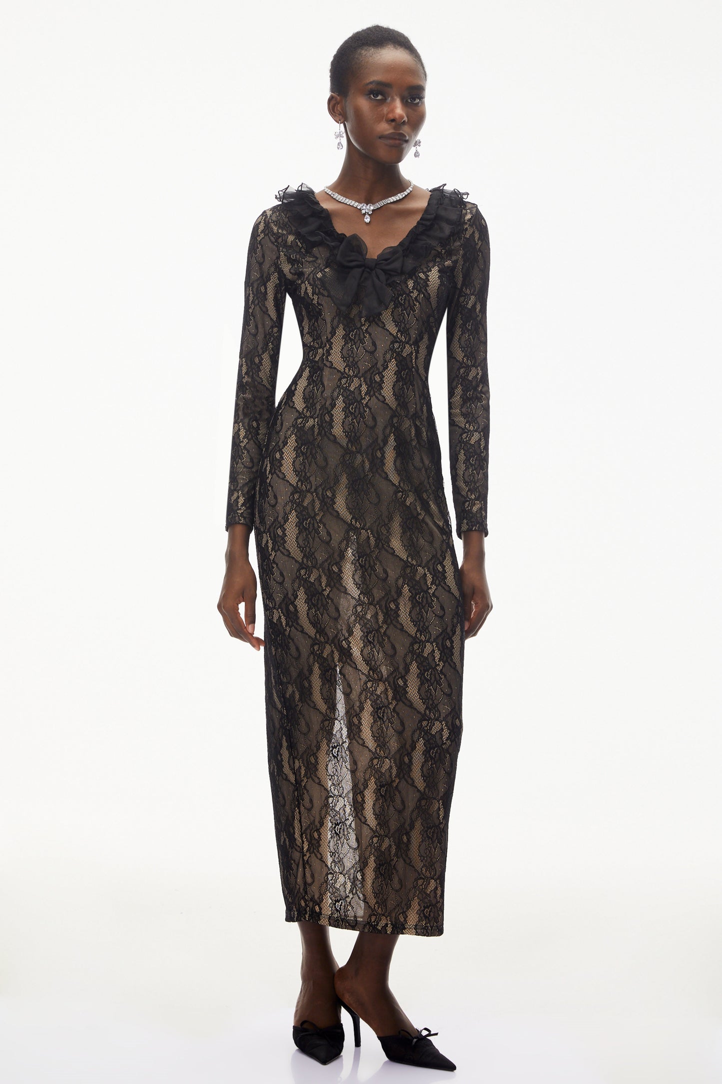 Vesna Black Ruffled Lace Midi Dress