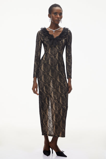 Vesna Black Ruffled Lace Midi Dress