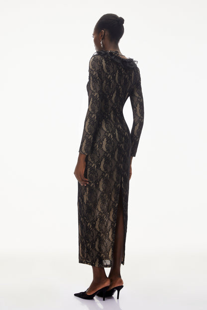 Vesna Black Ruffled Lace Midi Dress