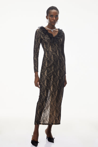 Vesna Black Ruffled Lace Midi Dress