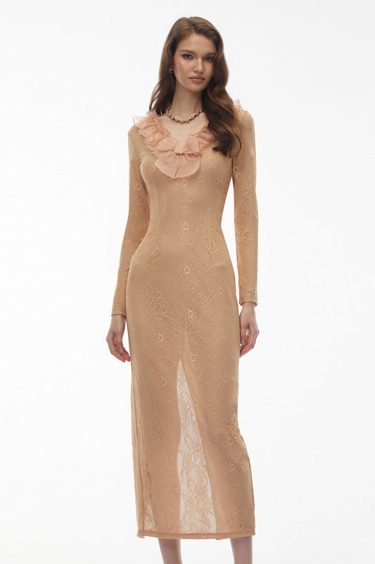 Vesna Neutral Ruffled Lace Midi Dress