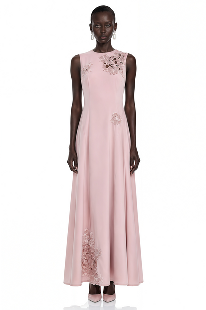 Vesper Pink Sleeveless Maxi Dress with Floral Lace Panels
