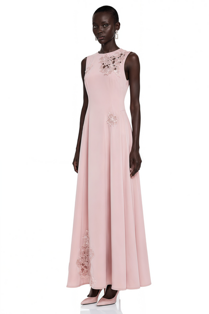 Vesper Pink Sleeveless Maxi Dress with Floral Lace Panels