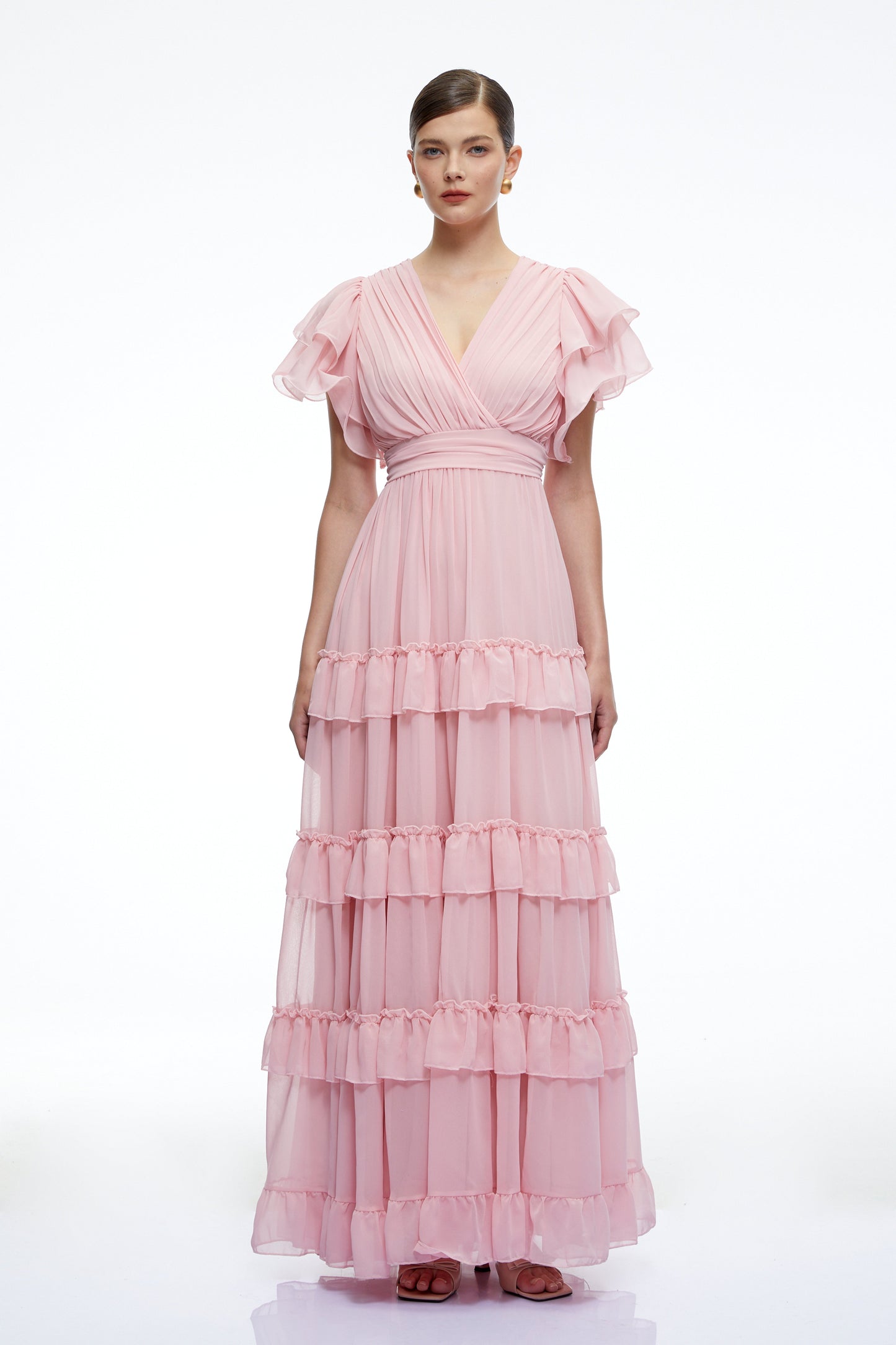 Vespera Pink V-Neck Tiered Maxi Dress with Flutter Sleeves