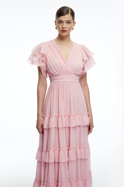 Vespera Pink V-Neck Tiered Maxi Dress with Flutter Sleeves