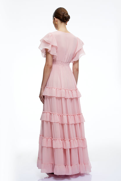 Vespera Pink V-Neck Tiered Maxi Dress with Flutter Sleeves