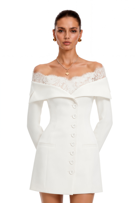 Vianne White Off Shoulder Mini Dress with Lace Trim