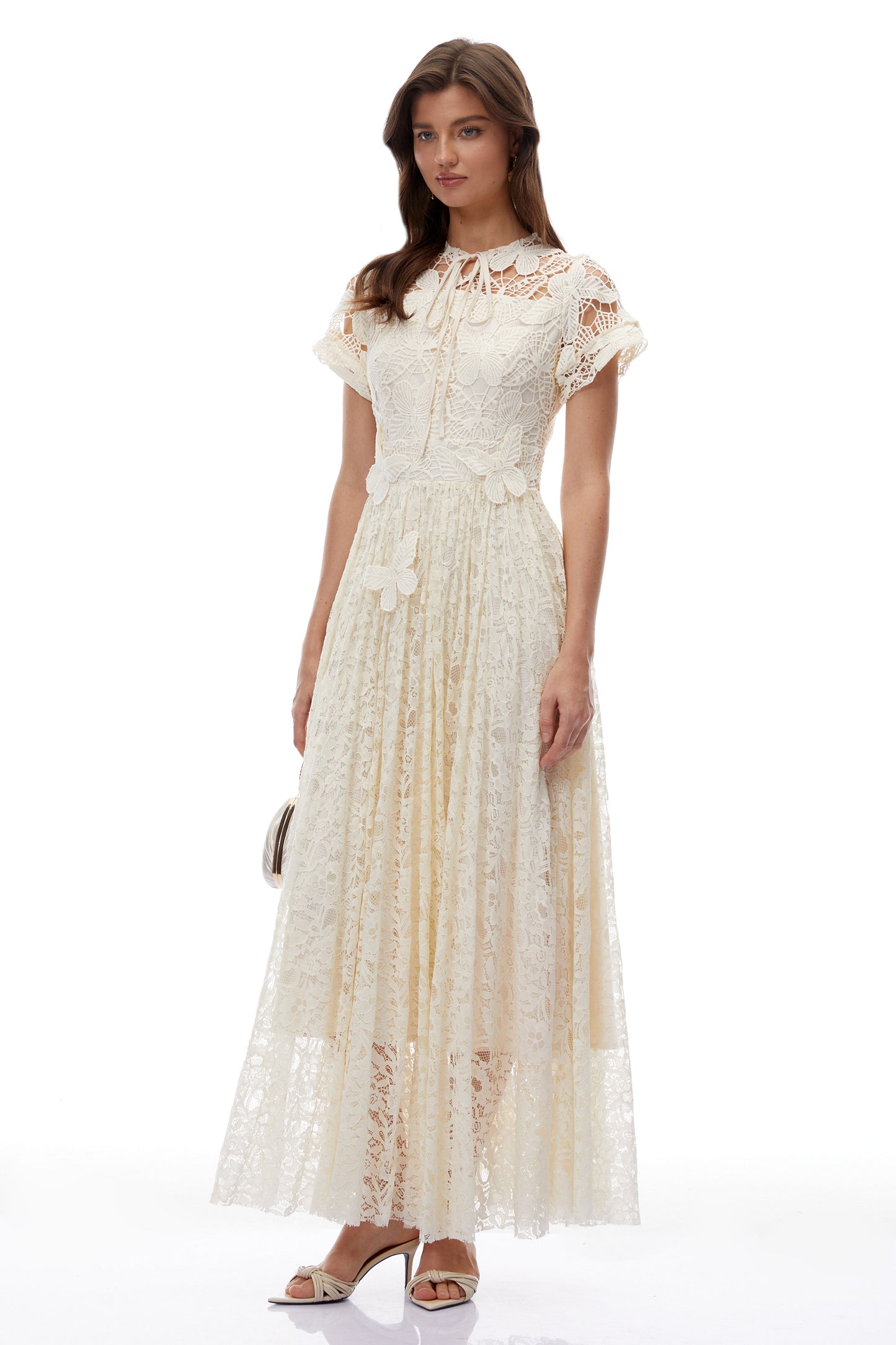 Dahlia White Floral Lace Maxi Dress with Butterfly Applique